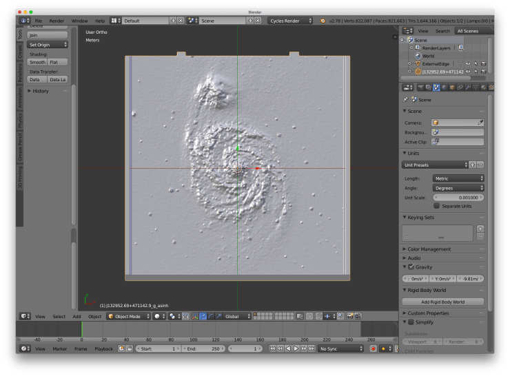 A screenshot of the blender user interface. In the center of the image is a 3D model of the whirlpool galaxy (M51).