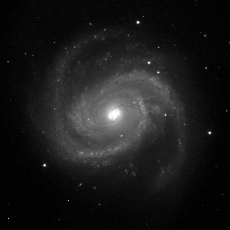 A black-and-white images of M100. In the center of the image is a spiral galaxy with two loosely wound spiral arms.