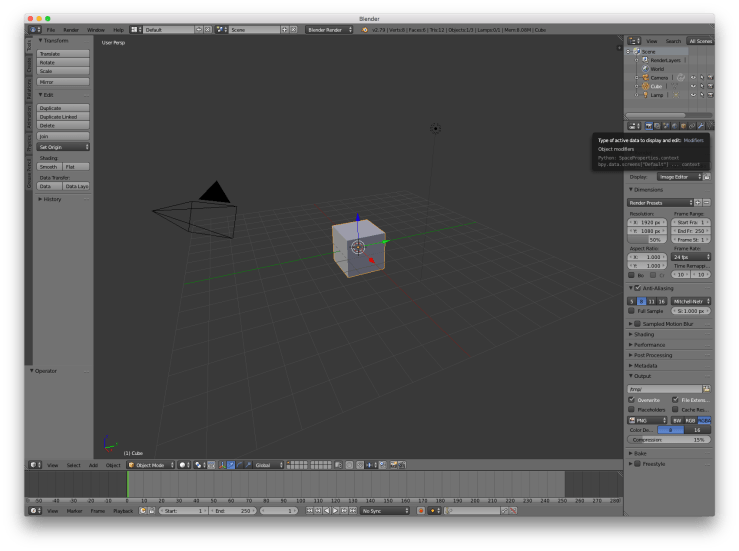 A screenshot of the default scene for Blender. This consists of a cube in the center of the screen, a light to the upper right of it, and a camera pointing at the front-left corner of the cube. Various UI buttons surround this scene.