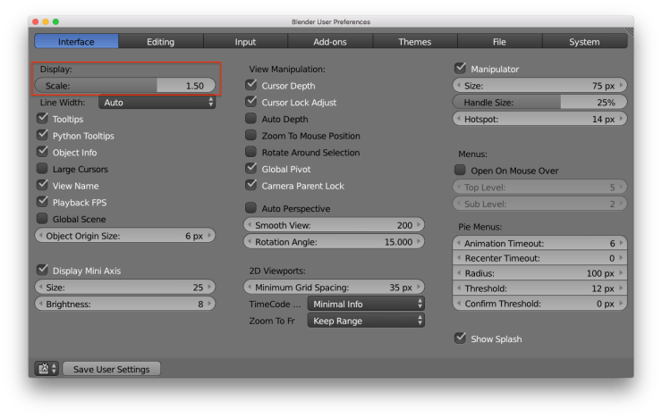 A screenshot of the `User Preferences` window. There is a red rectangle in the upper left corner indicating the font scale slider used to change the font size of the UI.