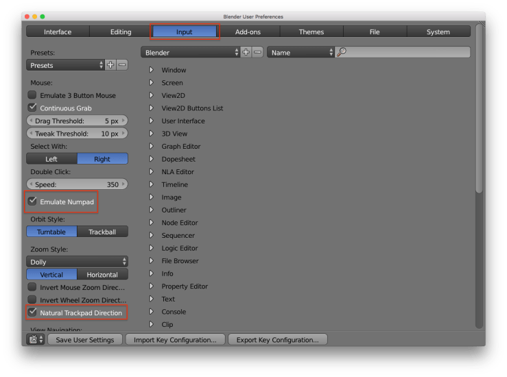 A screenshot of the `Input` tab of the `User Preferences` window. Red rectangles are place around the tab button, the checkbox for `Emulate Numberpad`, and the checkbox for `Natural Trackpad Direction`.
