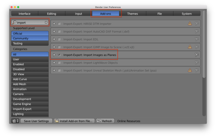 The `Add-ons` tab of the `User Preferences` window. There are red rectangles around the tab button, the search box, and the checkbox for activating the plugin.