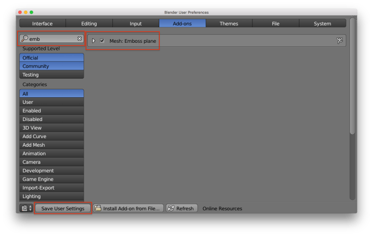 The `Add-ons` tab of the `User Preferences` window. There are red rectangles around the the search box, the checkbox for activating the plugin, and the `Save User Settings` button.