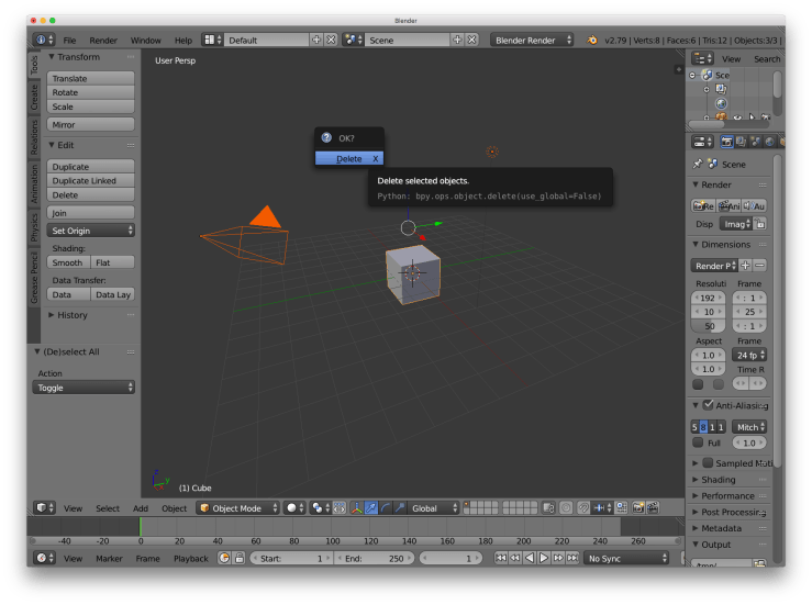 A screenshot of the Blender UI showing all the default objects selected and a confirmation dialog box for deleting them.