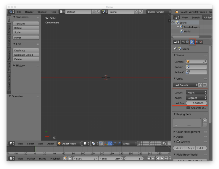 A screenshot of the blender user interface. There are red rectangles around the options needed to set up real world units in the UI.