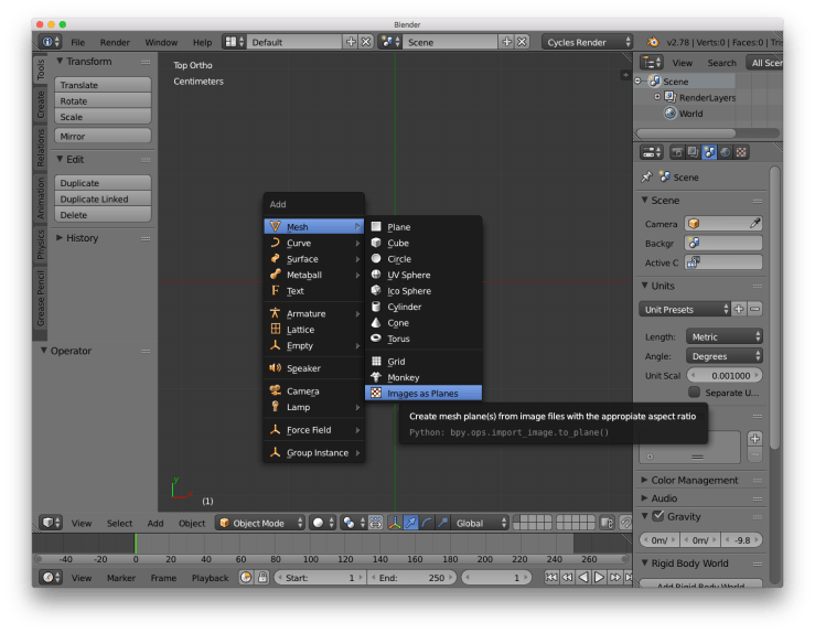 A screenshot of the blender user interface. This shows the process of adding an image as a plane.