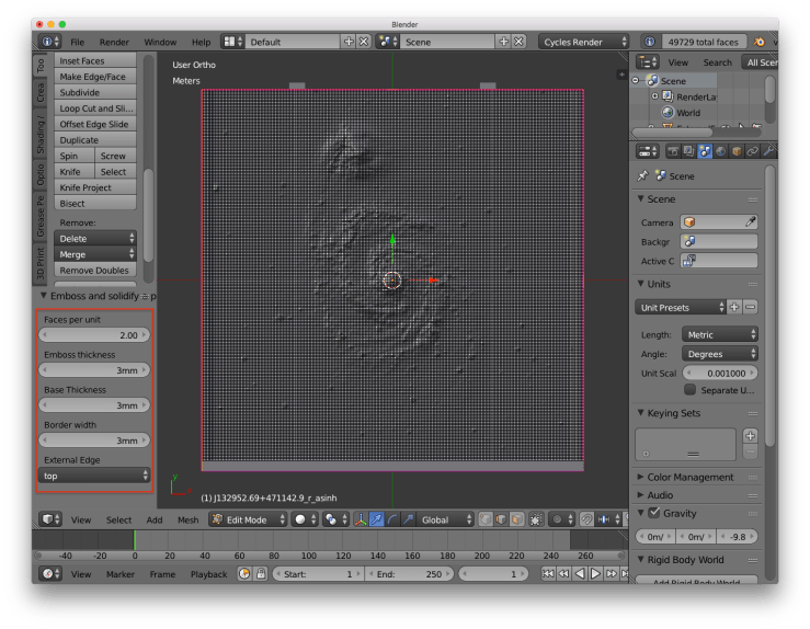 A screenshot of the blender user interface. There is a rectangle around the controls for the emboss plane plugin.