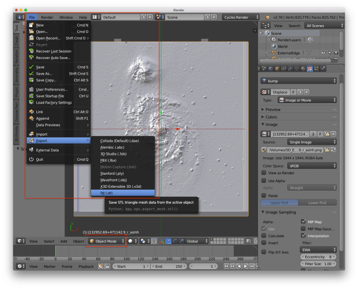 A screenshot of the blender user interface. There are red rectangles around the buttons for exiting edit mode and the menu for exporting the model as an STL file.