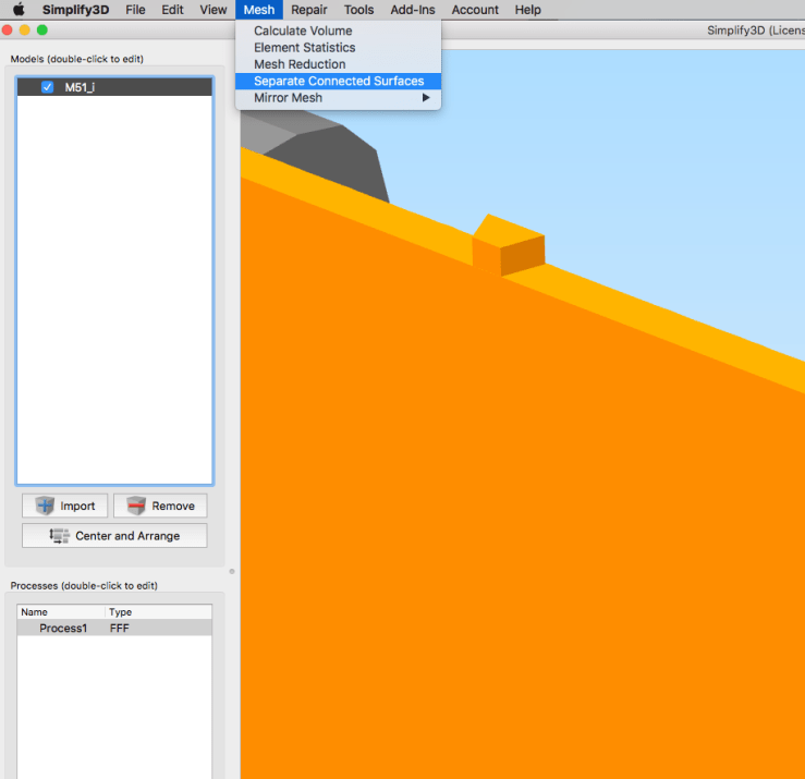 A screenshot of Simplify3D's `mesh` menu with the `separate connected surfaces` option highlighted.