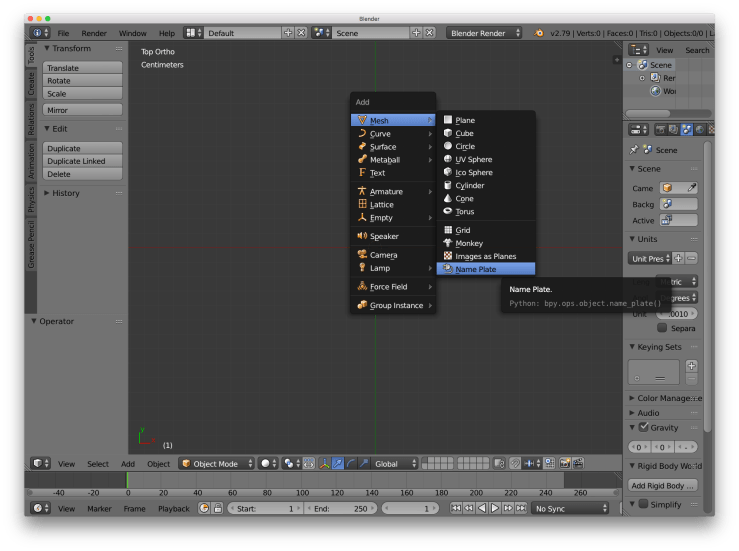 A screenshot of the blender user interface. This shows the process of adding a name plate object.