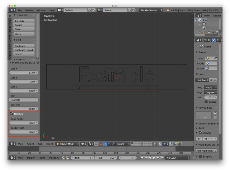 A screenshot of Blender with red rectangles around the parameters that control the notch shape on the name plate and the notches on the model.