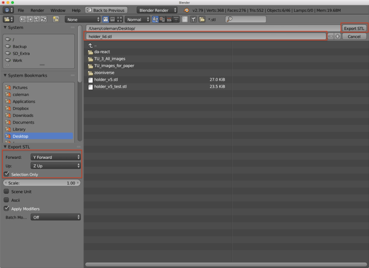 The Blender user interface with red rectangles around the parameters that can be adjust for the STL export and the export button.