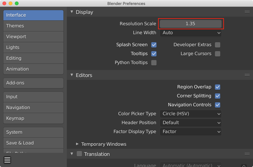 Blender preferences window with the Interface tab selected. A red box is drawn around the Resolution Scale option.