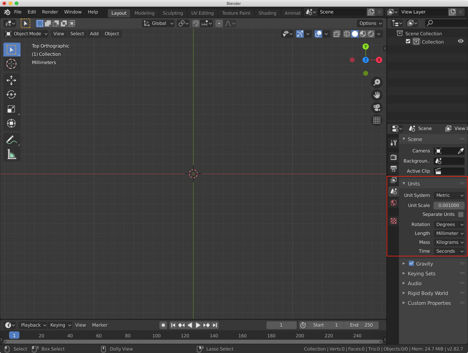 Blender in top down view in the view-port. A red box is drawn around the Units section of the scene panel.