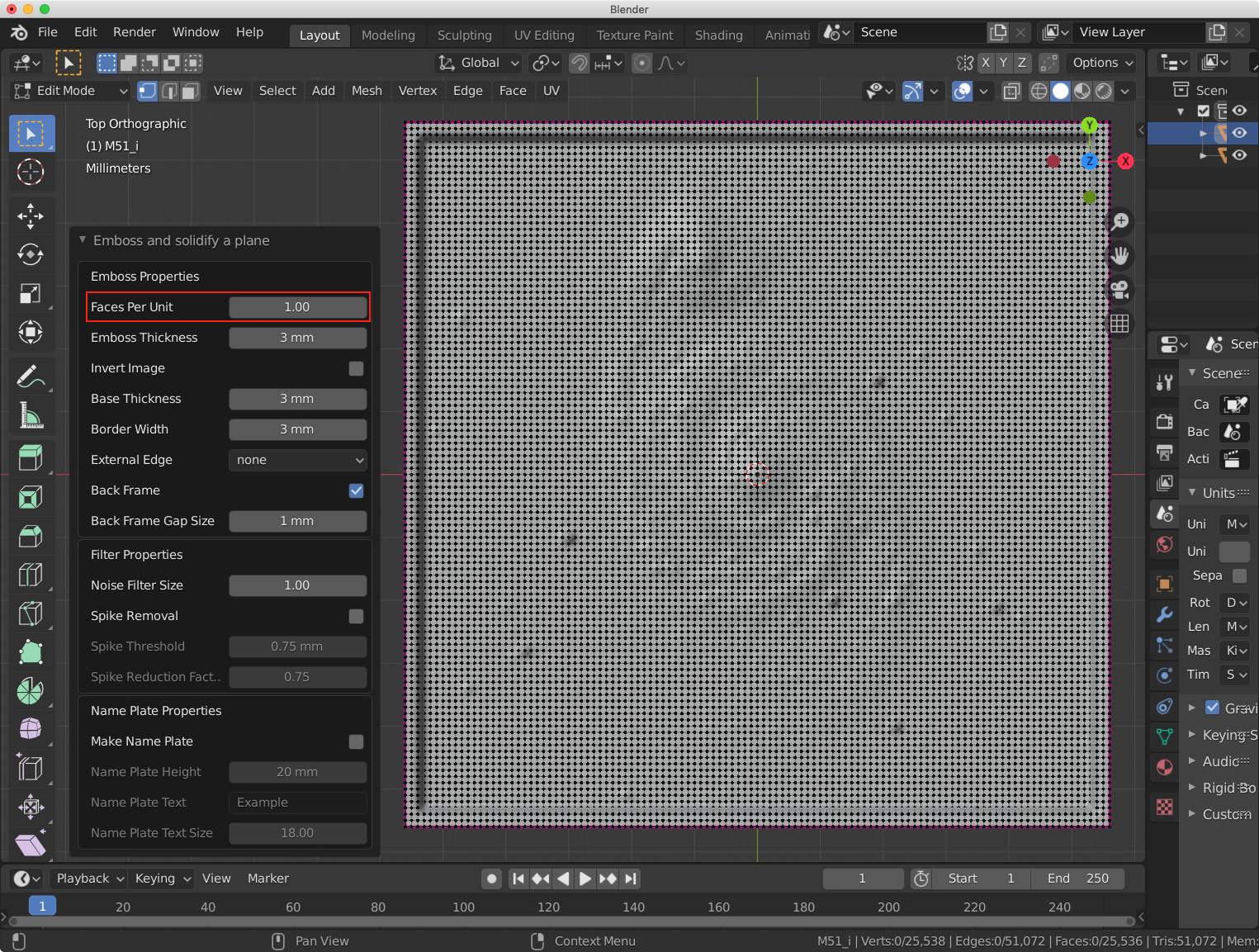 The result of change the Faces Per Unit value from 2 to 1. A red box is drawn around this value in the properties panel.