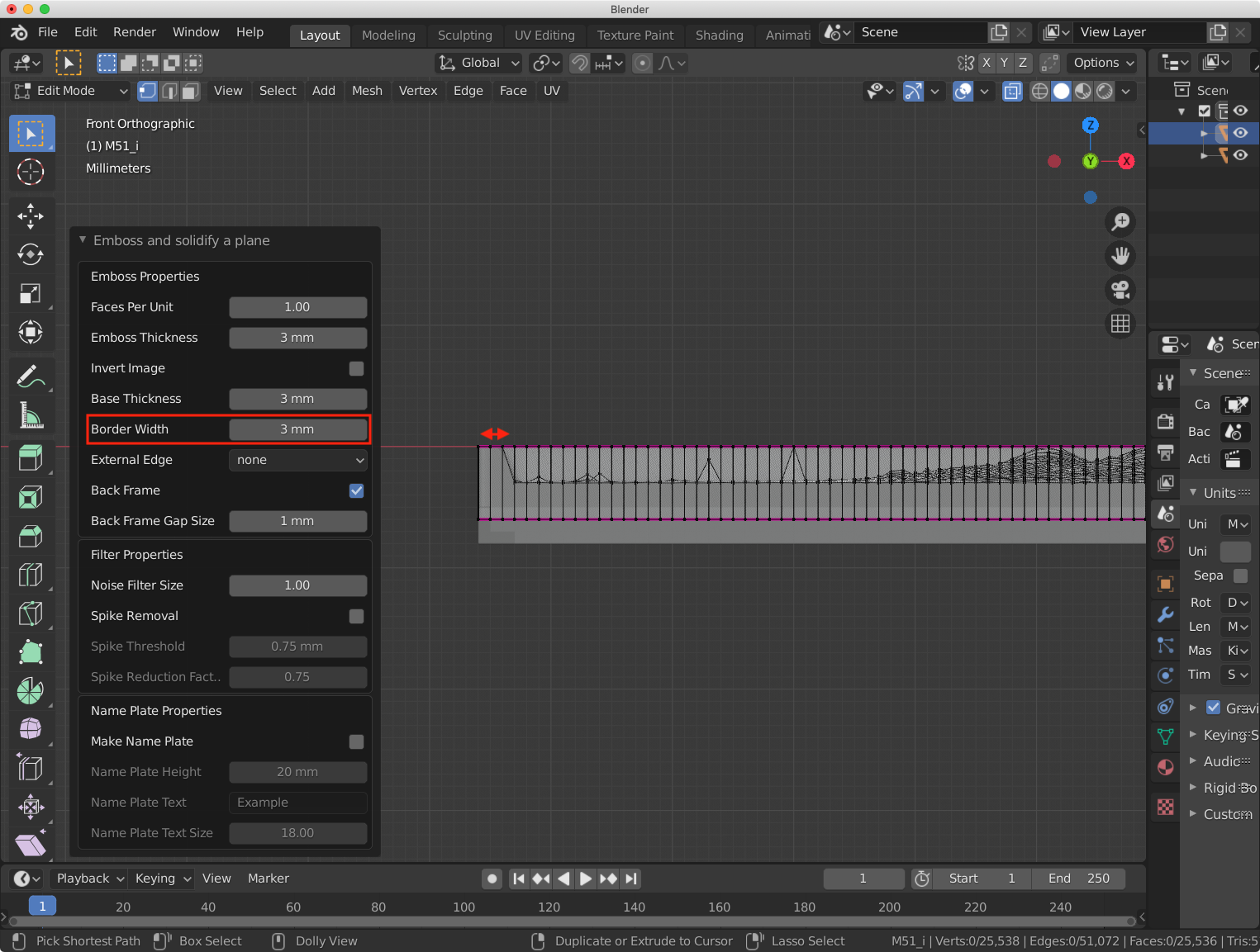 Side view of the galaxy model with a red arrow indicating what the Border Width parameter changes.
