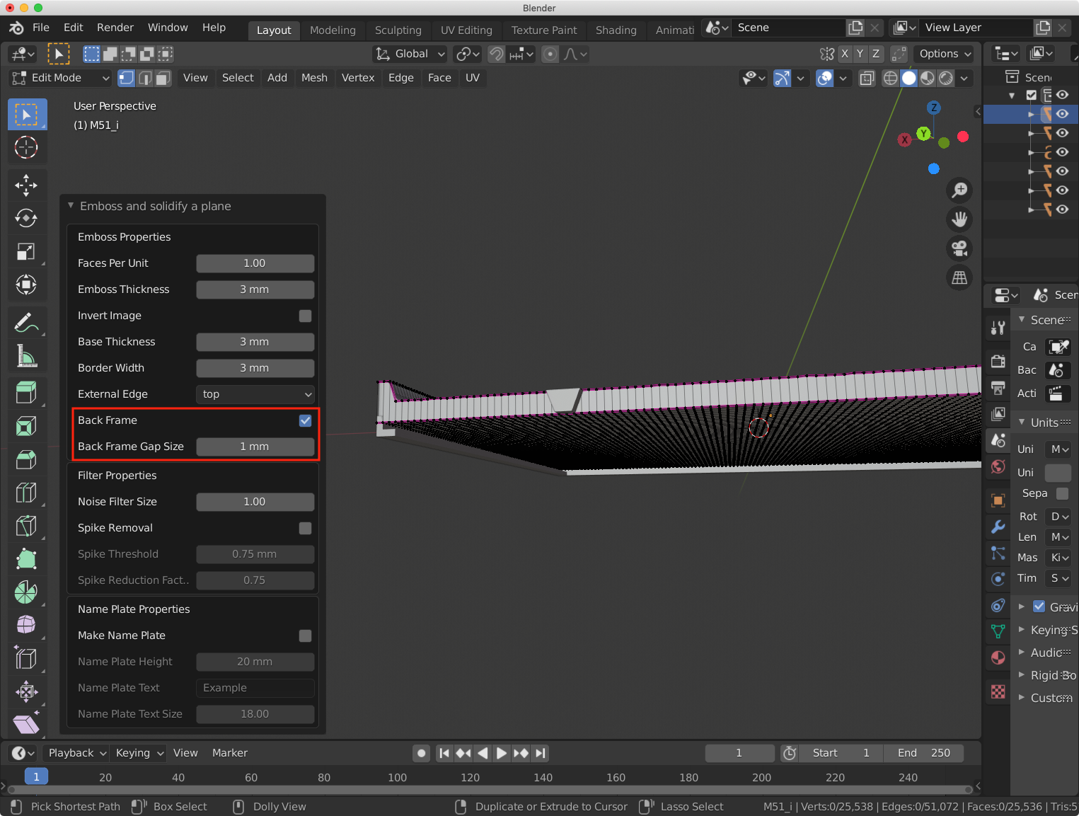 Inclined view of the galaxy model showing a frame on the back side of the model. A red box is drawn around the Back Frame and Back Frame Gap Size values in the properties panel.