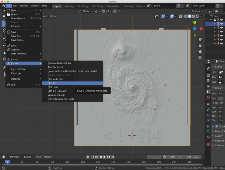 Blender with the File > Export > Stl menu highlighted.