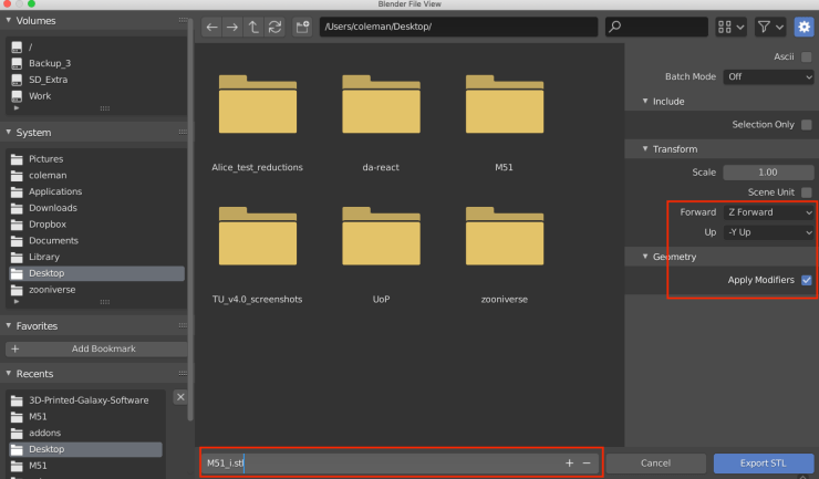 The export STL window. Red boxes are drawn around the Forward, Up, Apply Modifiers, and Name options of the window.