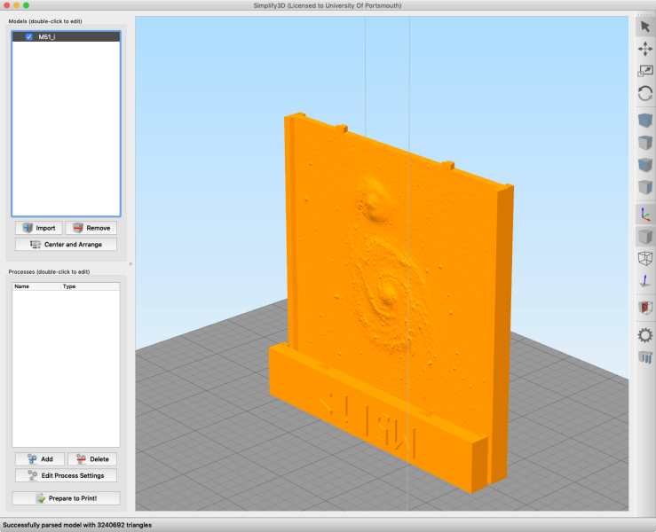 The finished galaxy model inside a 3D printer slicing program
