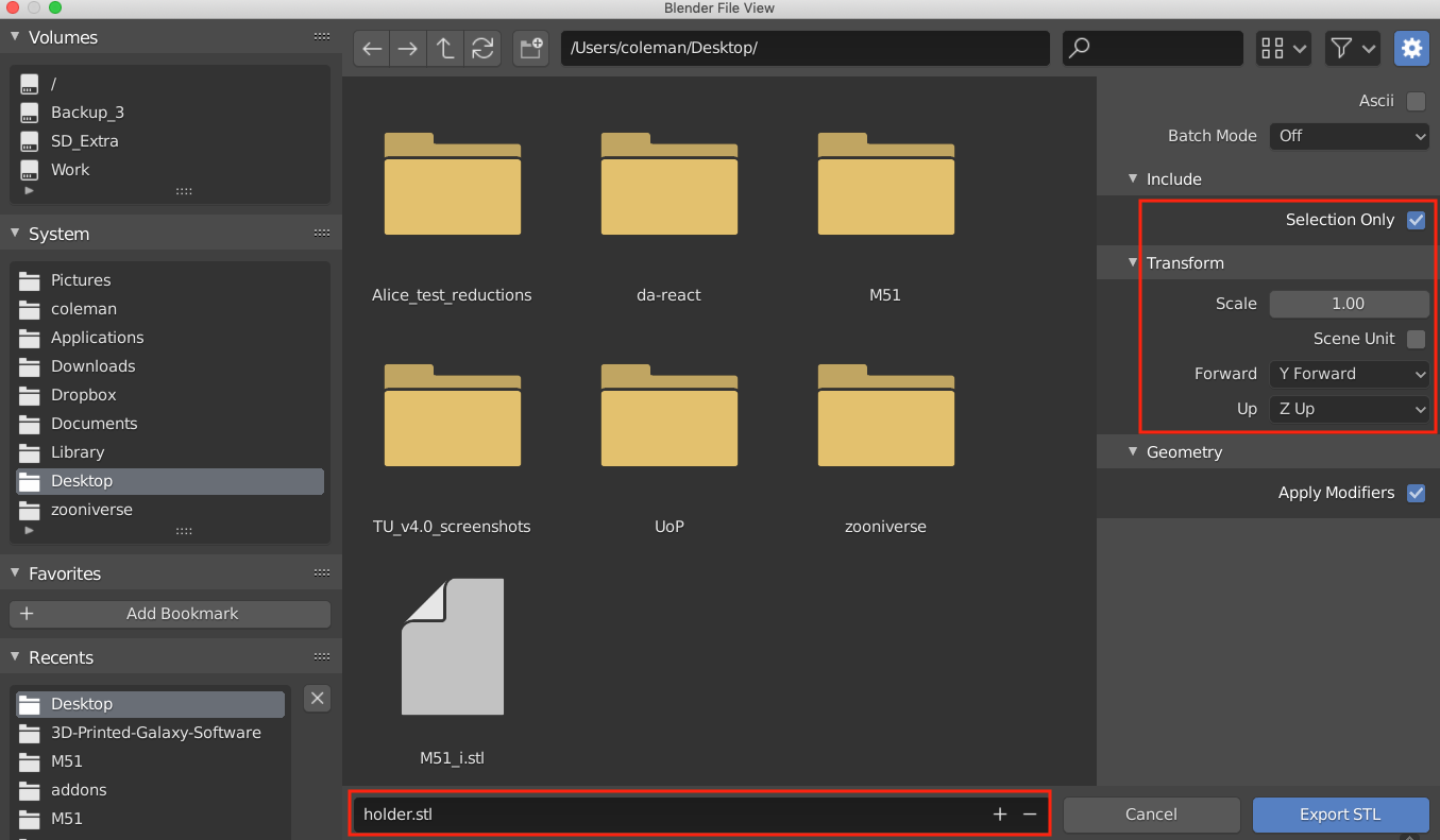 The export STL window. Red boxes are drawn around the Selection Only, Forward, Up, and Name options of the window.