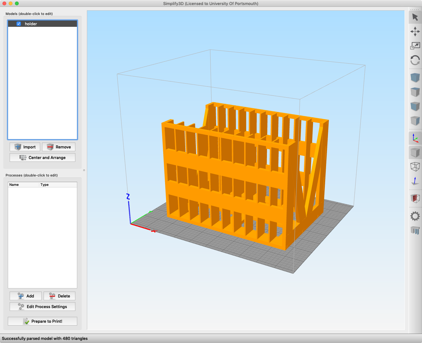 The finished holder inside a 3D printer slicing program