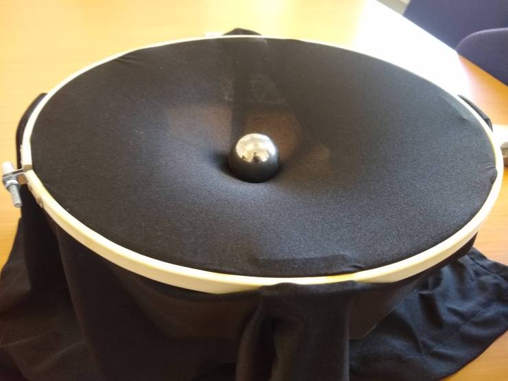 A wooden ring holding stretchy fabric tight. There is a heavy ball bearing placed in the center causing the fabric to curve similar to how gravity curves space-time.