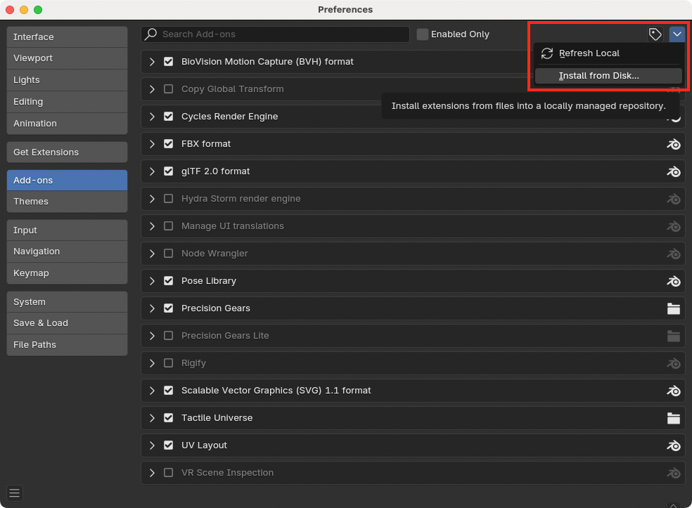 Blender preferences window with the Add-ons tab selected. A red box is drawn around the activated arrow button in the upper right corner of the window reveling an "Install from Disk..." button.