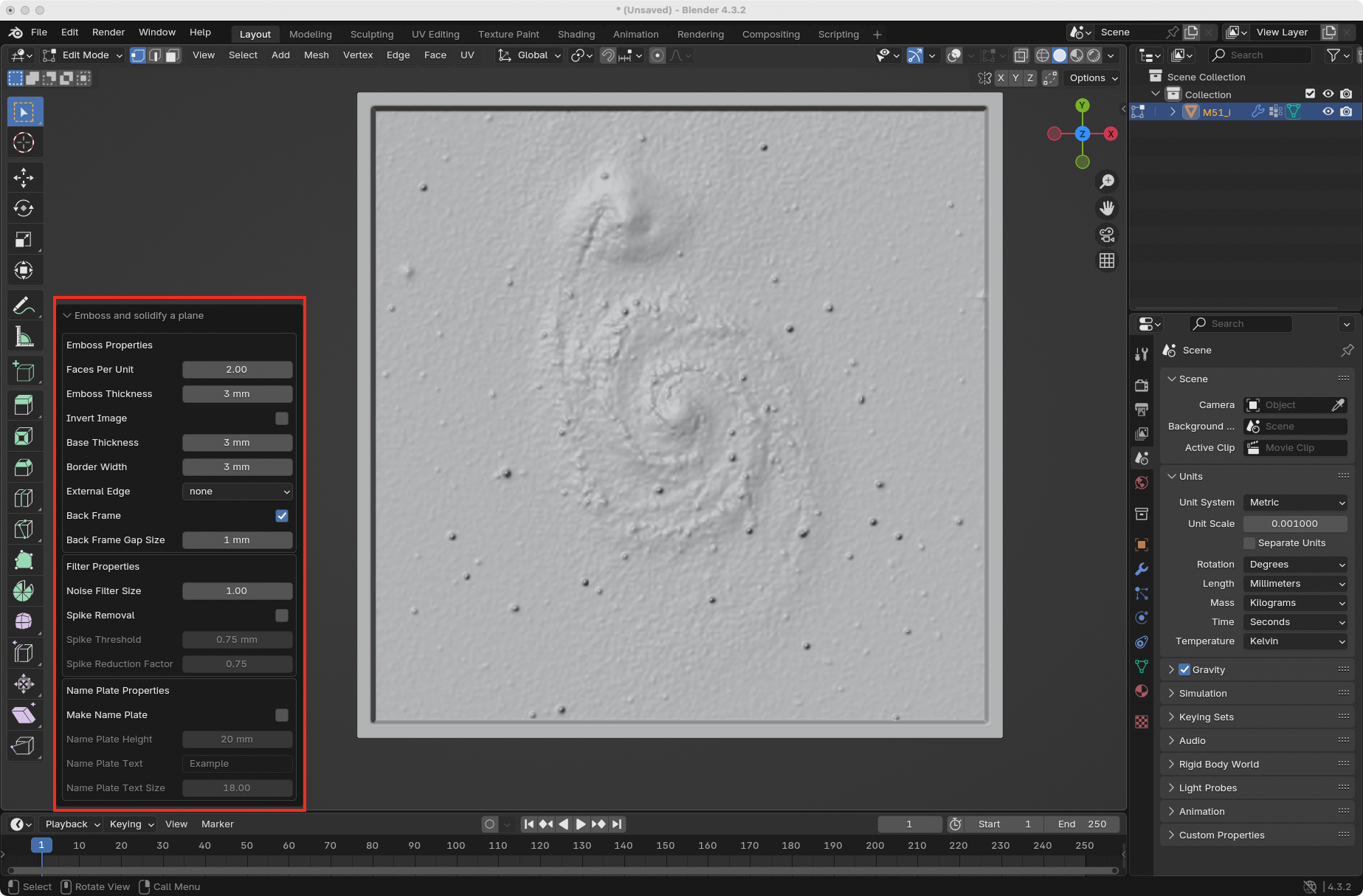 Highlighting the settings panel the the emboss plane add-on in the Blender user interface.