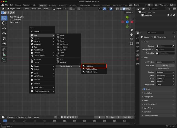 Blender with the Add Object > Mesh > Tactile Universe > TU Holder menu selected