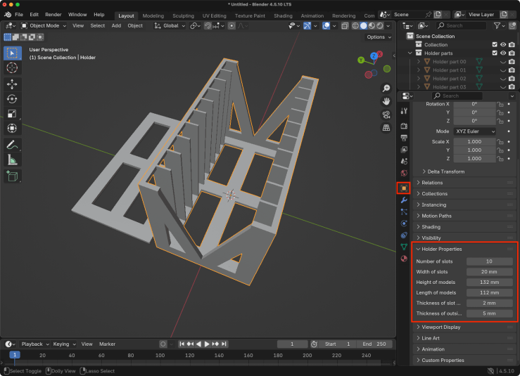 Blender with the Object panel tab and Holder Properties panel highlighted
