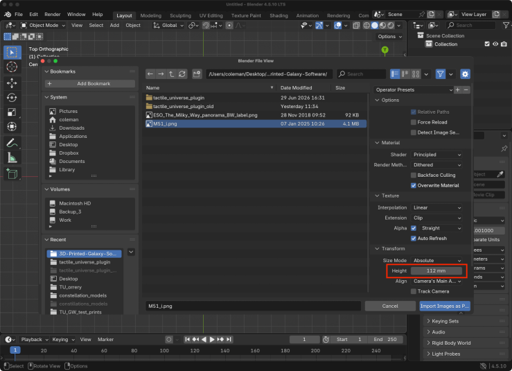 Blender's file selection window. A red box is drawn around the Height option.