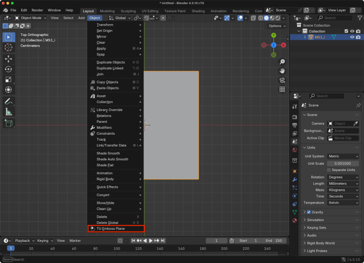 Blender with the Object > TU Emboss Plane menu option highlighted