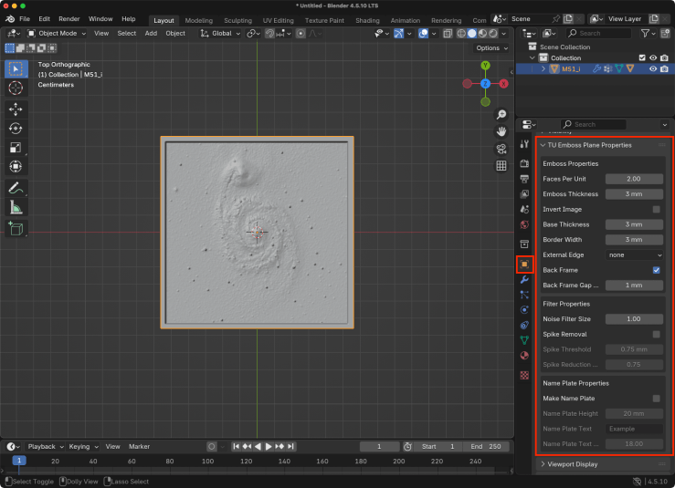Blender with the Object panel tab and TU Emboss Plane Properties panel highlighted
