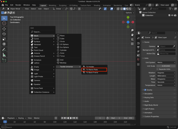 Blender with the Add Object > Mesh > Tactile Universe > TU Name Plate menu selected